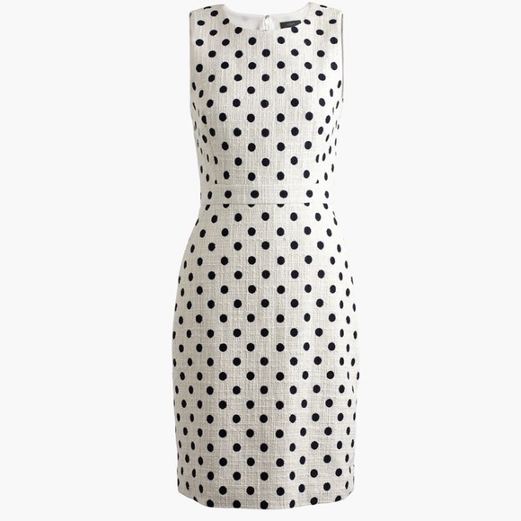 J CREW White Navy Polka Dot Cotton Tweed Band Waist Sheath Dress 4T - Picture 3 of 9